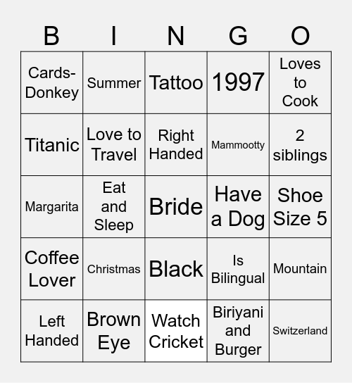 Bridal Bingo Card