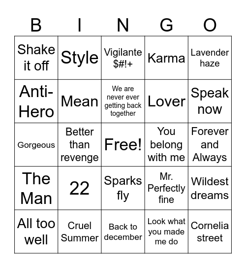 Joe Knows T-Swift Bingo Card