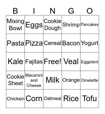 Foods and Utensils Bingo Card