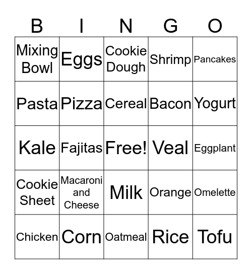 Foods and Utensils Bingo Card