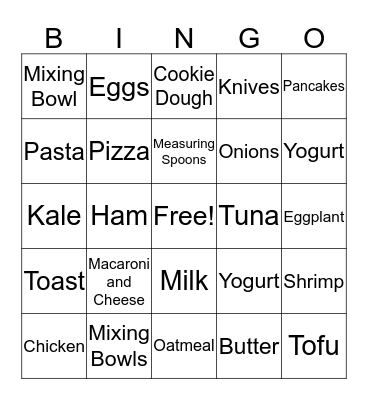 Foods and Utensils Bingo Card