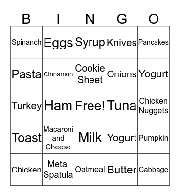 Foods and Utensils Bingo Card