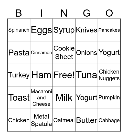 Foods and Utensils Bingo Card