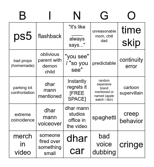 Dhar Mann Bingo shmeed Bingo Card