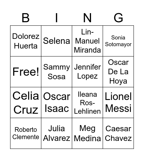 Hispanic Heritage Month Bingo Card