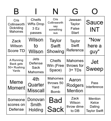 Sunday Night Football Bingo Card
