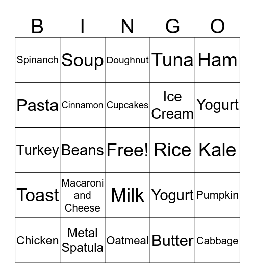 Foods and Utensils Bingo Card