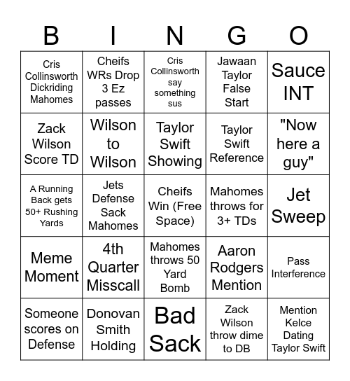 Sunday Night Football Bingo Card