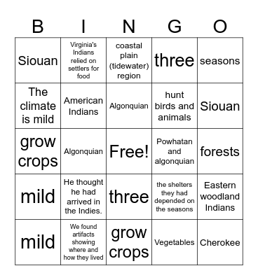 Virginia Native People Bingo Card