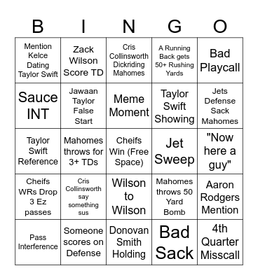 Sunday Night Football Bingo Card