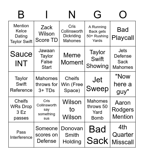 Sunday Night Football Bingo Card