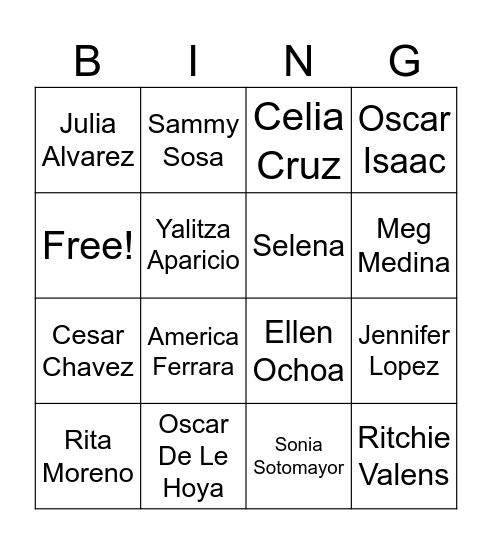 Hispanic Heritage Month Bingo Card
