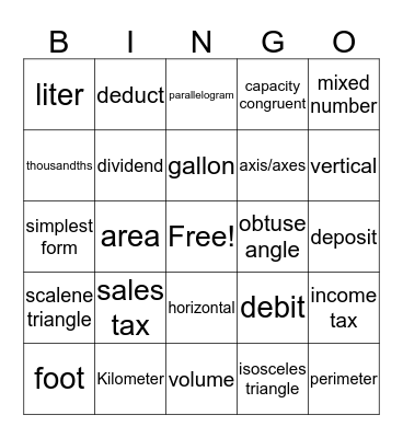 5th Grade Vocabulary  Bingo Card