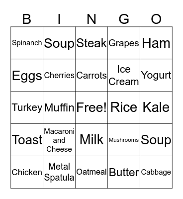 Foods and Utensils Bingo Card