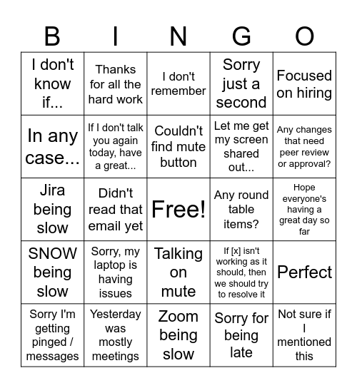 Justin Meeting Bingo Card