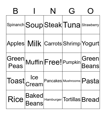 Foods and Utensils Bingo Card