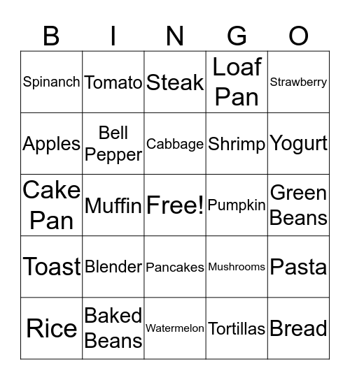 Foods and Utensils Bingo Card