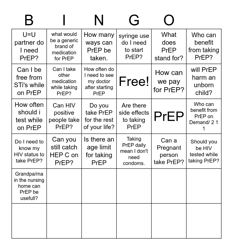 PrEP Bingo Card