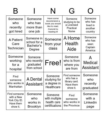 Healthcare Human Bingo Card