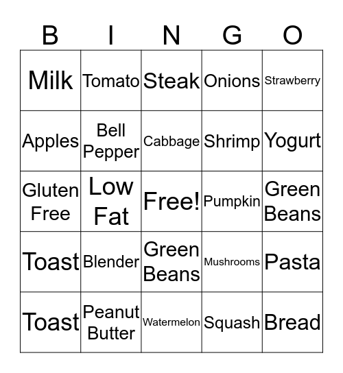 Foods and Utensils Bingo Card