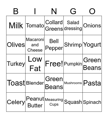 Foods and Utensils Bingo Card