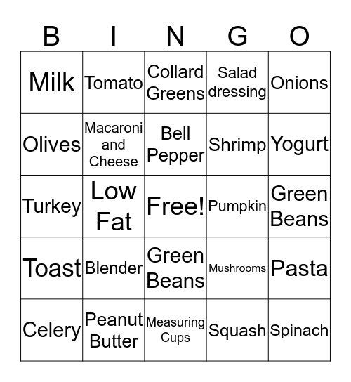 Foods and Utensils Bingo Card