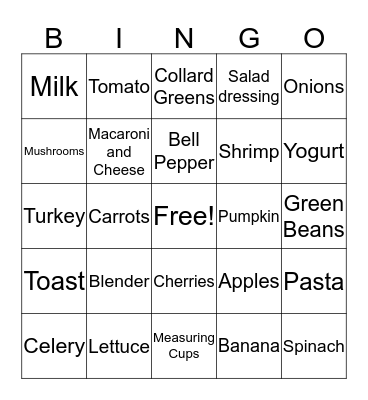 Foods and Utensils Bingo Card