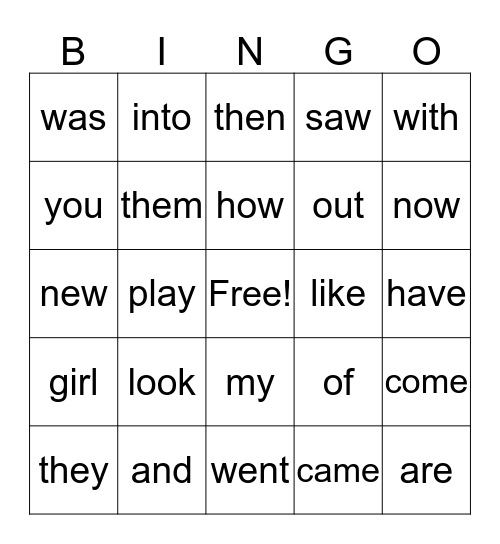 Sight Word Bingo Card