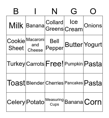 Foods and Utensils Bingo Card