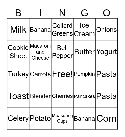 Foods and Utensils Bingo Card