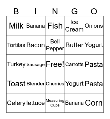 Foods and Utensils Bingo Card