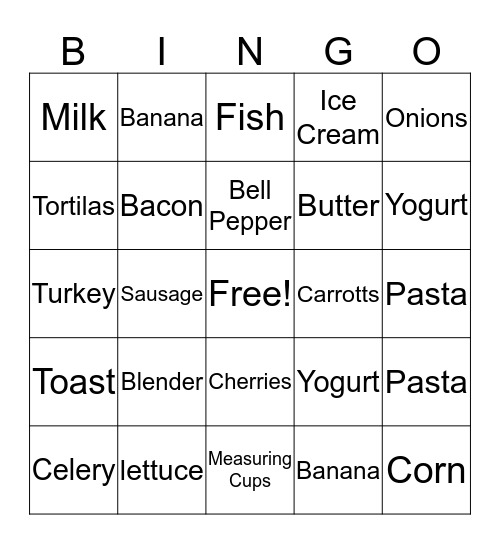 Foods and Utensils Bingo Card