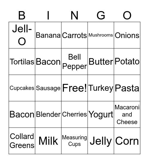 Foods and Utensils Bingo Card