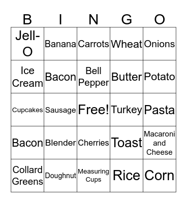 Foods and Utensils Bingo Card