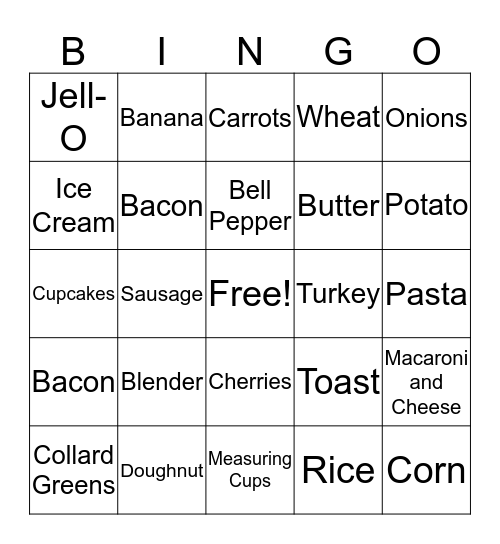 Foods and Utensils Bingo Card