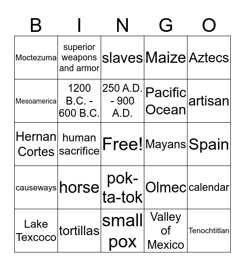 Mayans and Aztecs Bingo Card