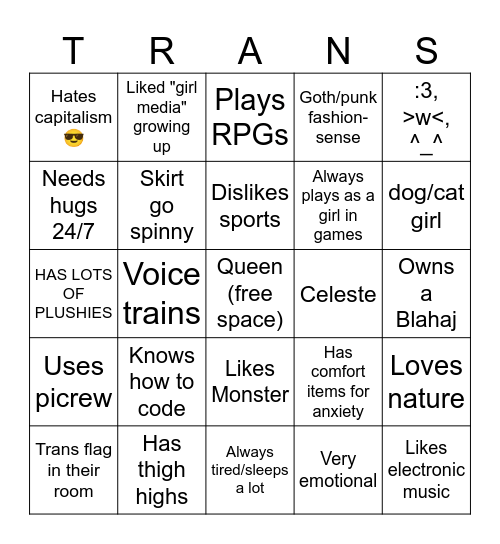 The girls Bingo Card