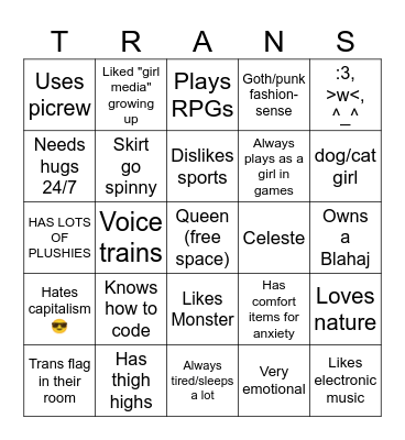 The girls Bingo Card