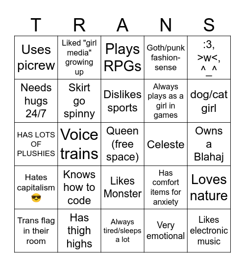 The girls Bingo Card