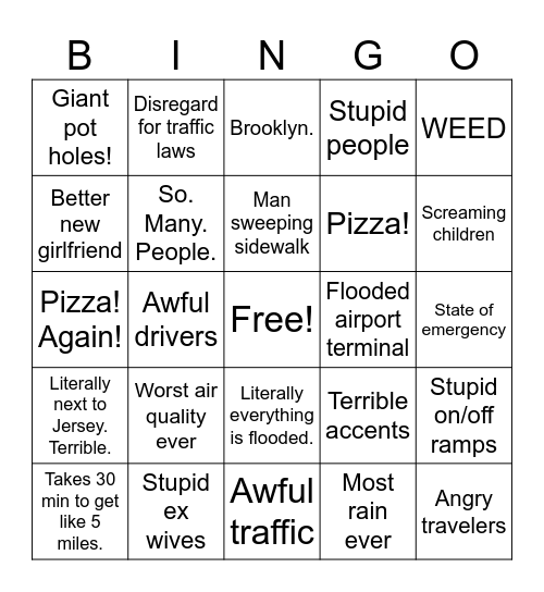 AJs NYC Travel Bingo Card