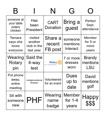 Brooksville Rotary Bingo Card