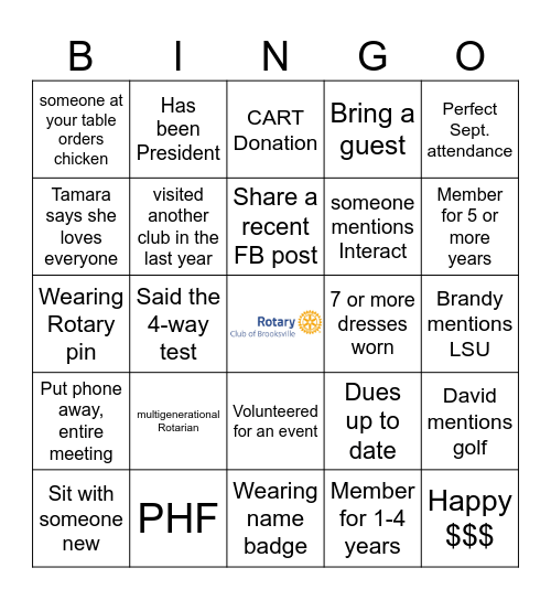 Brooksville Rotary Bingo Card