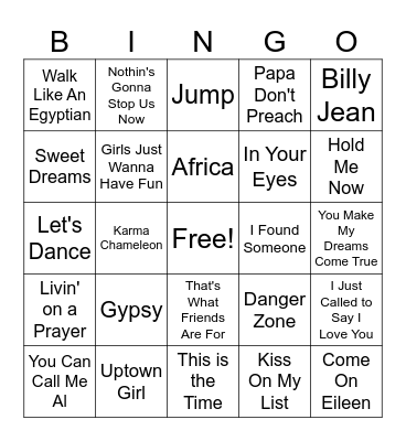 80's Hits Bingo Card