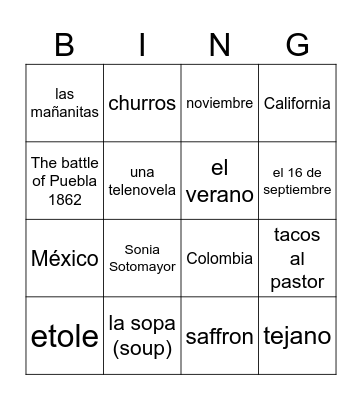 Spanish Trivia Bingo Card