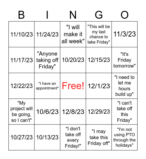 PTO BINGO Card