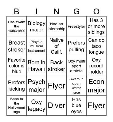 Oxy Swim & Dive Beach Day Bingo Card