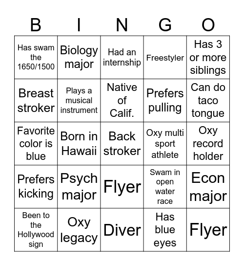 Oxy Swim & Dive Beach Day Bingo Card