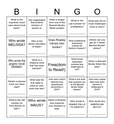 Banned Books Bingo in Rowley Library Bingo Card