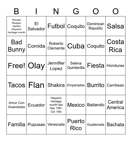 Hispanic Heritage Bingo Card