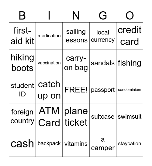 Vacation Bingo Card